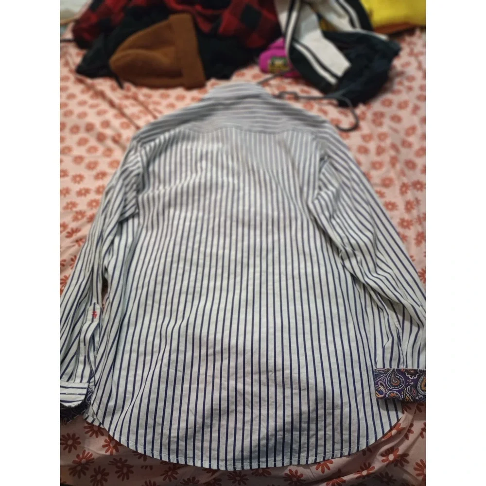 Robert Graham Mens Large Blue White Striped Paisley Button Down Shirt has stain